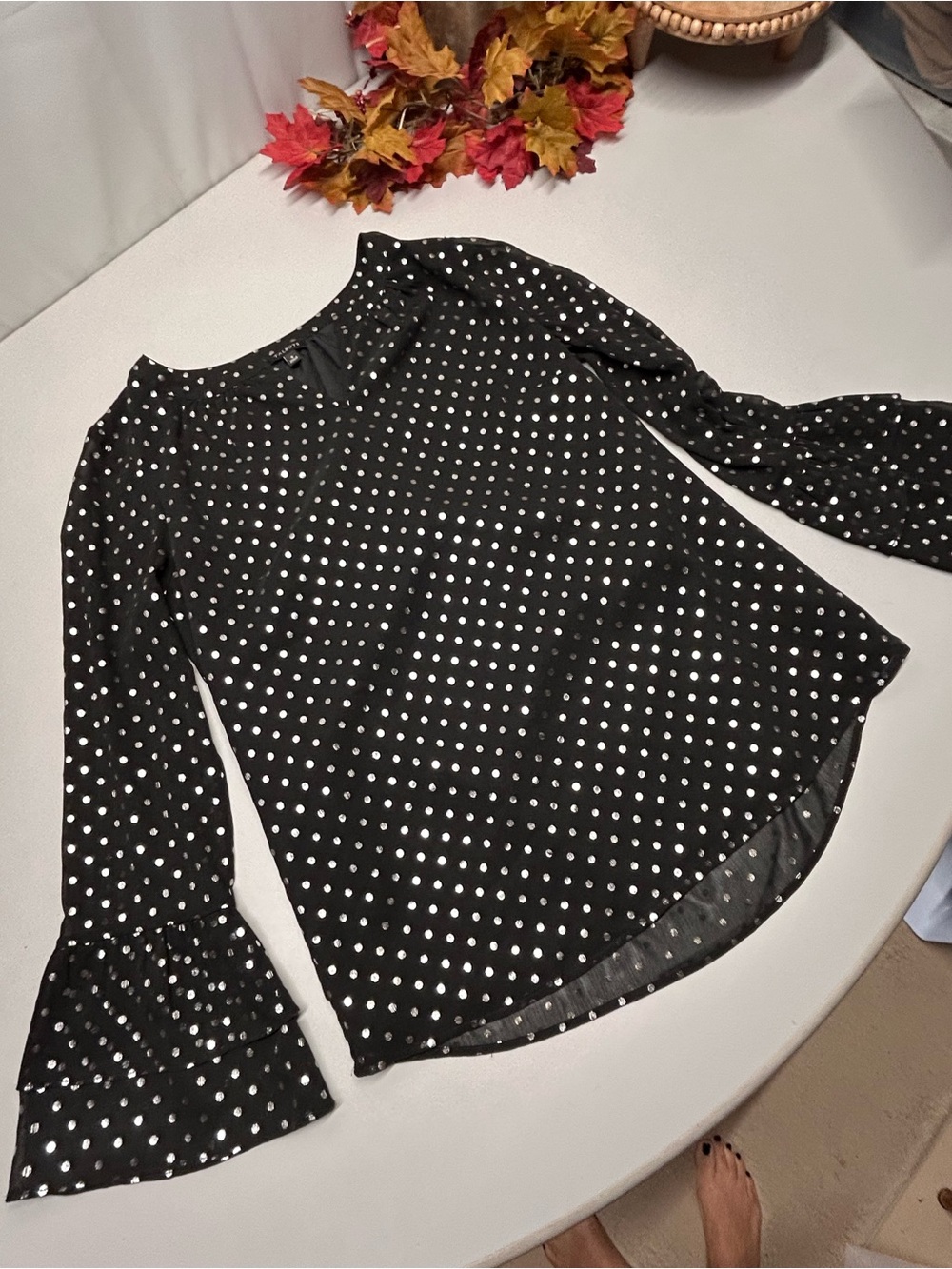 Talbots Black Polka Dot Long-Sleeve Blouse with Ruffled Cuffs